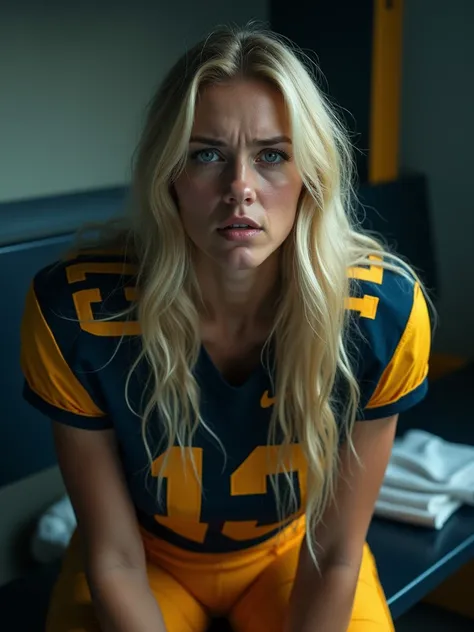 Beautiful blonde woman dressed in a gridiron player uniform, sitting on a bench and having an angry and unhappy expression on her face, cinematic style