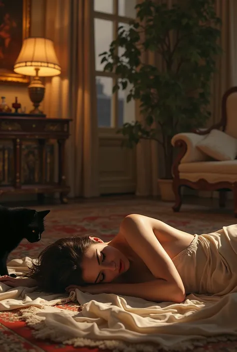 in a lavish parisian appartment, a beautiful topless french brunette lays on the floor, she is sleeping, a black cat walks by, decadent atmosphere, after a big party, 