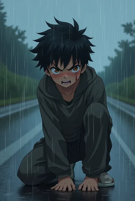 Handsome Boy Weak  With Black Hairs And Brown Eyes Crying In Rain On Road Injured And With A Angry Impression On His fate like He Is hating Something Anime Style