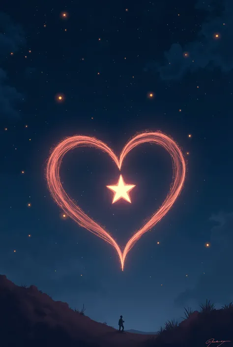 Drawing a heart by hand in the night sky of Gangwon-do, South Korea, and putting a star between hearts