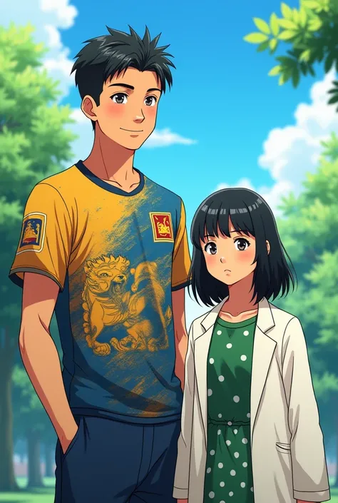 A tall light skin black hair anime boy wearing a sri lankan cricket t shirt and a short dark skin black hair anime girl wearing a green frock with white dots and a white over coat