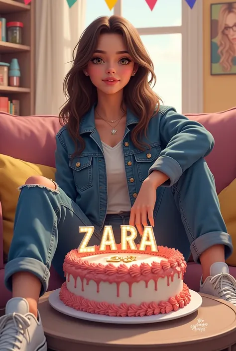  A realistic image illustration of a girl 
sitting casually on front of a cake. The character
must wear casual moder clothing such as jeans
jackets and sneakers shoes. The background
of the image is a party theme. Write ZARA Big and bold font,
on the birth...