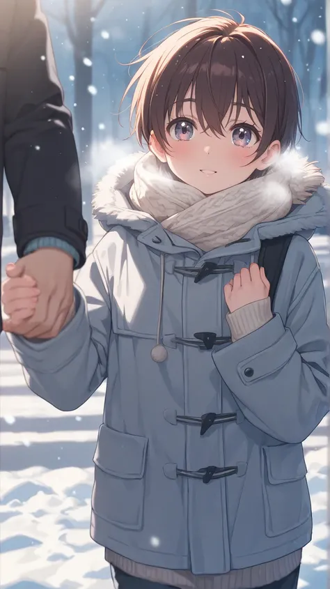 Anime,  Artwork, 8K quality,  sunny winter day ,  young men and women walking hand in hand, They are lovers,  Its snowing , Sparkling, Their breath is white, They are walking with smiles .