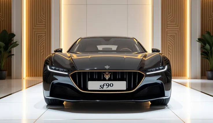 "A luxurious showroom with a white-themed interior, featuring black, gold, and pearl white accents. The front view of a vibrant black 2025 Farari sf90 is prominently displayed at the center, illuminated by bright showroom lights. The cars license plate is ...