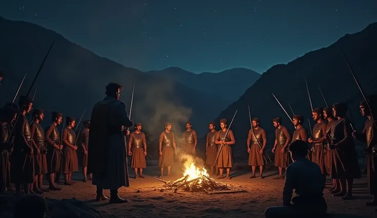 A historical Gorkhali military camp at night. The scene is dimly lit by a flickering campfire surrounded by soldiers in traditional 18th-century Nepali armor, some sharpening their weapons, others silently praying. In the foreground, a regal man with a str...