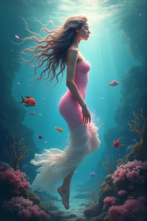 Draw an abstract woman in pink glitter who is at the bottom of the ocean surrounded by marine animals 