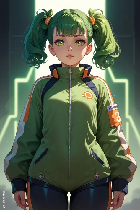 A hot and young girl with lime green hair in spiky pigtails, wearing a futuristic tracksuit with glowing lines, front view, standing