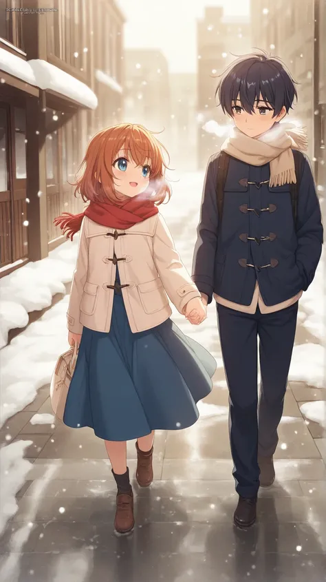 Anime,  Artwork, 8K quality,  sunny winter day , Beautiful young man and woman are walking hand in hand, They are lovers,  Its snowing , Sparkling, Their breath is white, They are walking with smiles .