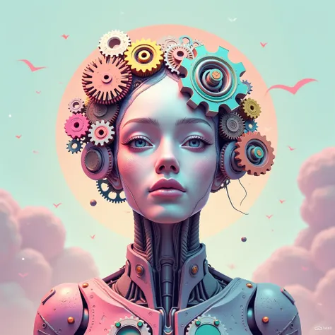 Driving with pastels, human head made of gears,front view, in rainbow color