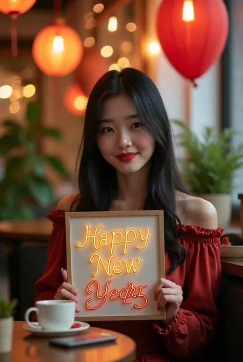 
"A young Korean woman, white skin, around 24 years old, with straight black hair styled naturally, sitting elegantly in a cozy, modern café. She is holding a sign that reads Happy New Year 2025 in stylish and festive lettering. The café is beautifully dec...