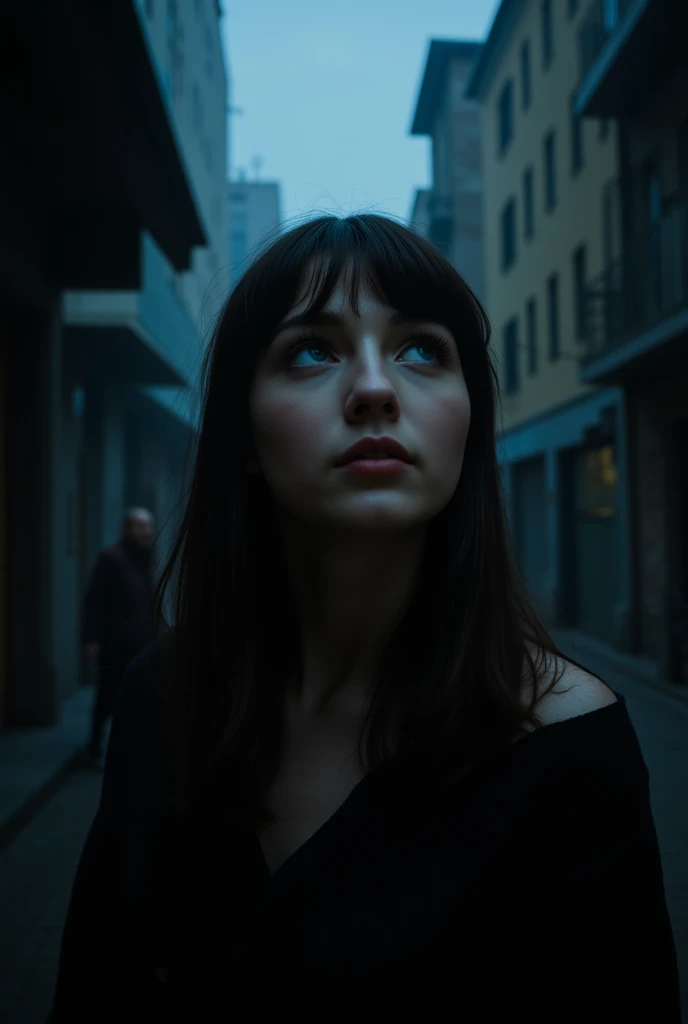  17-year-old Italian girl, straight dark hair ,  blue-eyed , Dark city background look up