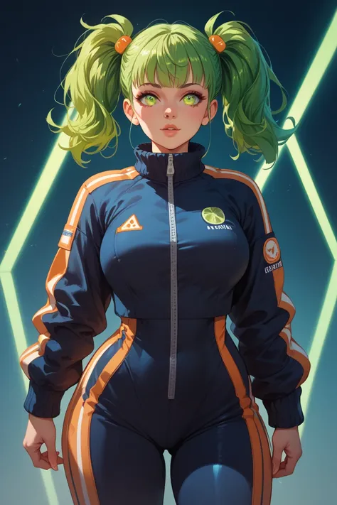 A hot big girl with lime green hair in spiky pigtails, wearing a futuristic tracksuit with glowing lines, front view, standing