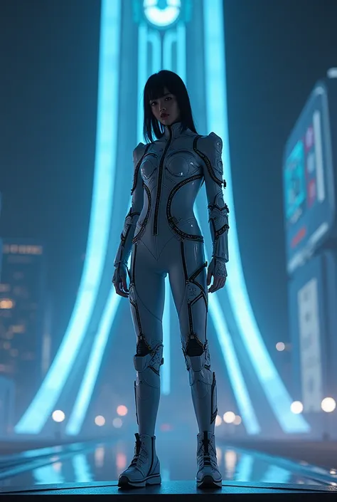 Kpop girl group, 1 member, korean, unique, futuristic concept, looks like maves "pandora" appropriate clothes, future, large building, dark sky, night, on a platform, not short clothes