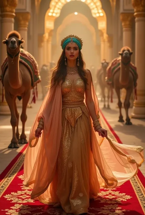 A realistic picture event with Arabian Nights theme. A woman in a gold dress, wrapped in pink peach white robe, gold lehenga-dress, turqoise crown  with a gold sash, golden arabic dress. She is flying on a magic Alladdin carpet. Background features royal p...