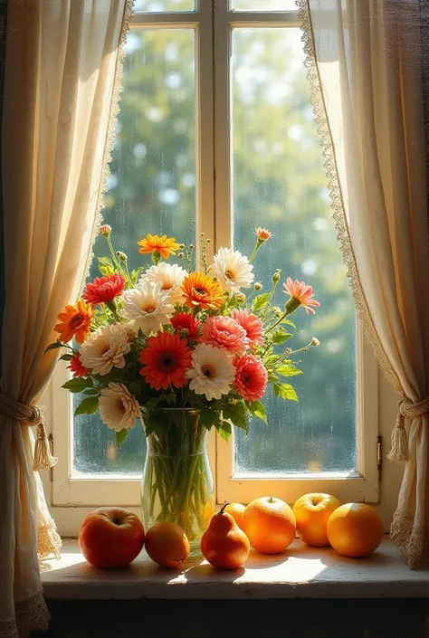 Painting of a vase of flowers and fruit on a window sill, oil painting still life, vintage illustration of a window at the sunny day, iridescent light, soft light, rain drops, lacy curtains, flowers, fruits, dynamic light
