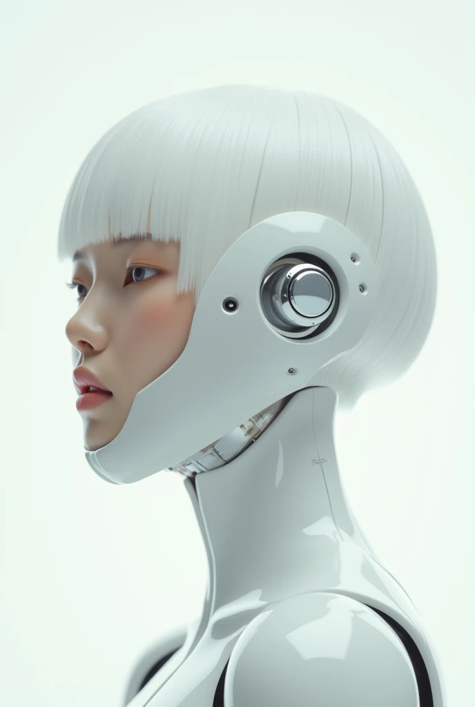 Futuristic hyperrealistic portrait, pure ivory background with high-key lighting. Biomechanical Korean woman in glossy white and chrome silver. Matte finish on synthetic skin and mirrored metallic on robotic components. Geometric bob cut in perfect platinu...