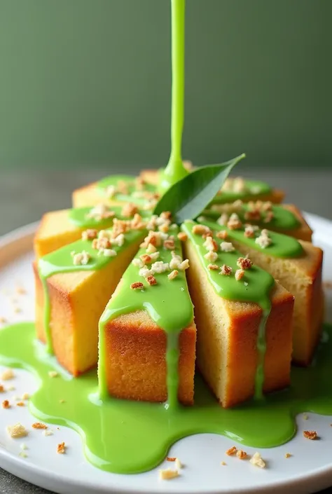 make a picture of pandan sauce basket cake that is cut into pieces and doused in pandan sauce