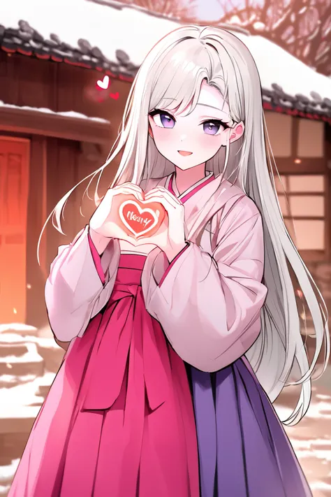  top quality,  super high resolution , 1 woman,  cute , Purple eyes, black eyes,  white hair ,  can see the forehead, Long hair, Gentle Snow , 20 years old, (Hanbok:1.4), happy expression,  One side of my bangs is sticking behind my ear, bitch, new year, H...