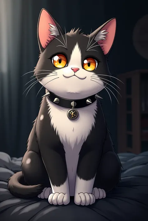 cat, black, tuxedo, yellow eyes and one orange eye, male has on black collar with spikes, is sitting on a black gothic bed, make anime style, anime cat, white fur spots,  white and black fur, male cat, chubby cat, fat cat, 