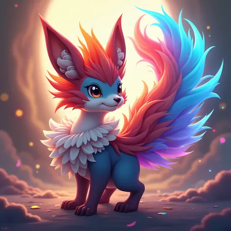 cascade in a gradient of vibrant colors, ending in a flourish of shimmering tips. The creature’s face is wallaby-like, with curious eyes and a soft snout, crowned by a crest of vivid cenderawasih feathers. Flowing ruffles around its neck add elegance, whil...