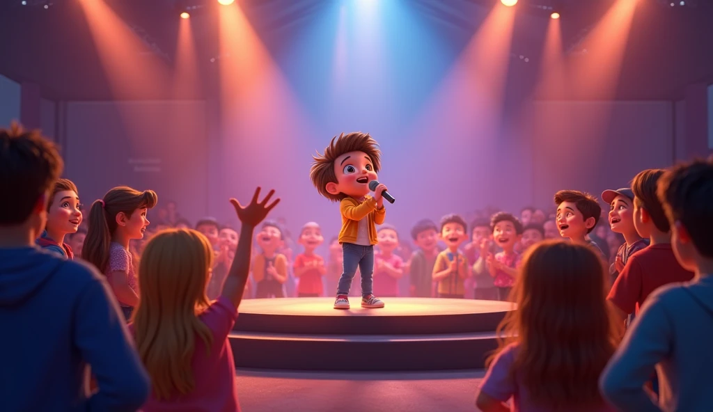 The  holding a microphone on a small stage, singing with excitement, with a crowd of ren and parents clapping and cheering.

3D cartoon dsiney inspired