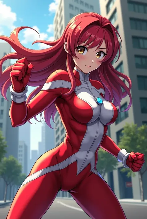 My Hero Academia Style , Anime girl, female, young female ,Full Body Shot,(fighting Pose:1.3),Long hair, Red Hair,  Brown Eyes,Hero Suit, Full Body Suit, red suit with white details,small round blue jewel in the center of the chest, perfect anatomy,  Tough...