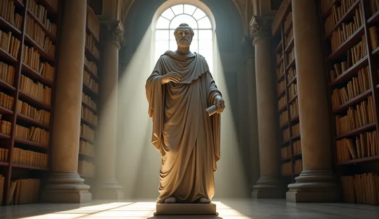 Image of a full-body statue of Seneca, crafted from smooth marble, standing amidst an ancient library. The statue holds an unmarked scroll, symbolizing wisdom and reflection. The library features tall, ornate shelves filled with scrolls and ancient manuscr...