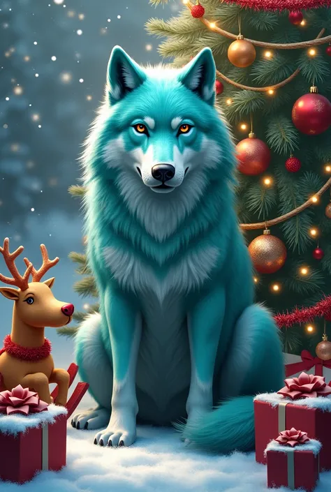 aqua wolf with a Christmas tree and Christmas toys