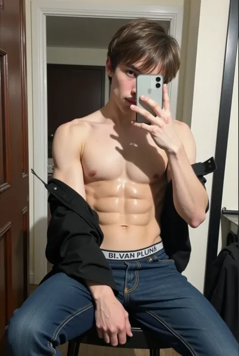 iphone 16, Brown hair, realistic, sfw, an attractive fit young boy sitting in front of a mirror taking selfie, smug, sweat, shirtless, wearing tight jockstrap, big bulge, vpl, full body shot