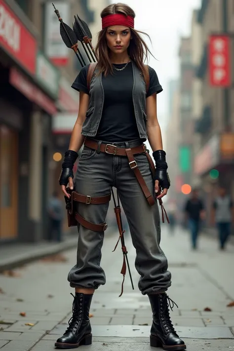  A street fighter  ,   she has visible signs of fighting ,  is still attractive ,  medium-length brown hair,   red headband  , black T-shirt, dark grey vest  ,   gray jeans  ,   black lace-up booties with block heels ,   fighting bands on her hands  , bow ...