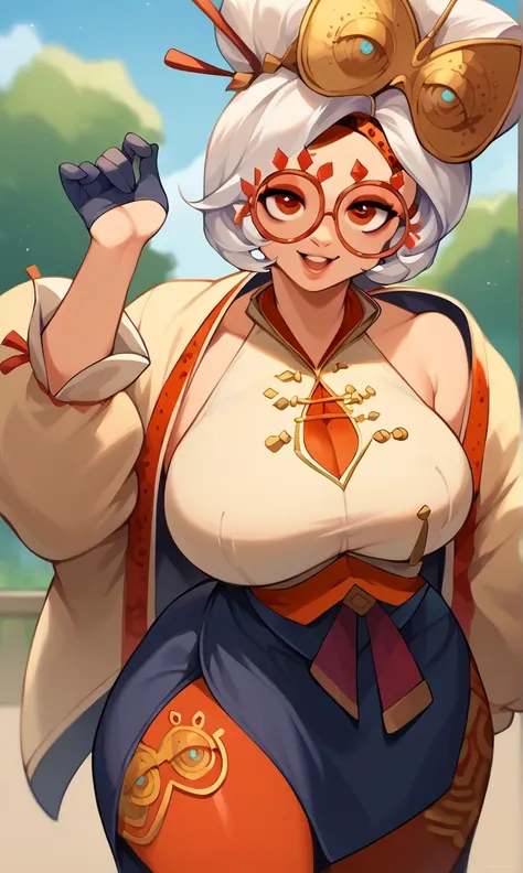 score_9, score_8_up, score_7_up, score_6_up, score_5_up, score_4_up, (source_anime), purah,
1girl,  huge breasts, narrow waist, thick thighs,  hair ornament, red headband, red glasses, sleeveless shirt, white coat, black skirt, red leggings, gloves, high h...