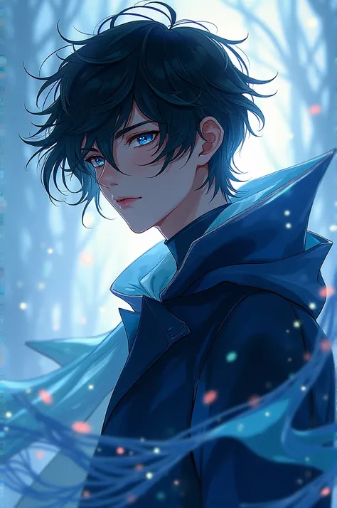  Create a character like Izumi Miyamura with a black hair color and who is male, with blue and light colors with movement  