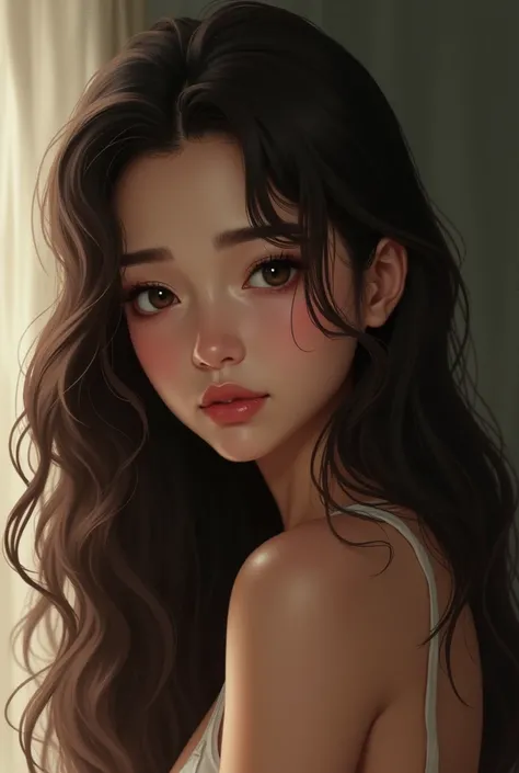 Asia, with off-white skin, and long, wavy brown hair that reaches past her waist, gives her a soft, silky appearance. Her dark eyes reflect sadness and calm, with long, thick eyelashes that give her look depth and appeal. Her nose is slightly long with a s...