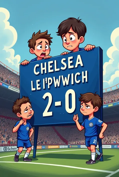 A comical scoreboard showing Ipswich 2 - Chelsea 0, with cartoonish sad faces on the Chelsea players looking dejected and confused."