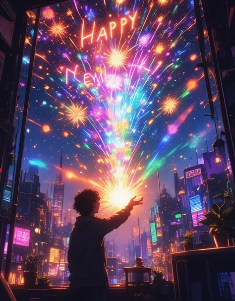 "Happy New Year" will be displayed on the screen as a header.

Ah, lets decorate your window with a bouquet of light spectrums

This dream Im still dreaming of

Gently hold it in the palm of my hand,

Lets spill it into your small sky as you wander through...