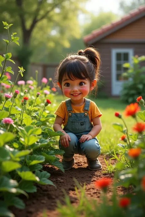 A  
girl Watering her plants in a backyard garden of her of home With some messy soil on her hands