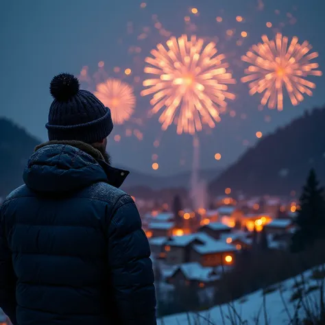 The photographic hyper-realistic image from the back is a silhouette of a man wearing a beanie hat and winter jacket. He is standing up on the little mountain and he is watching beautiful amazing fireworks down the village with many houses down the little ...