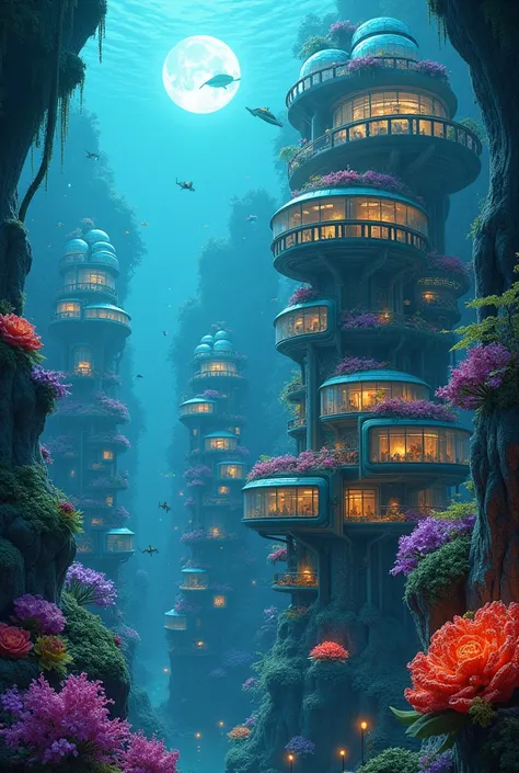 Realistisc depicts an enchanting underwater city with towering structures that resemble glass-enclosed habitats surrounded by vibrant coral and marine life. The buildings are adorned with lush greenery, colorful glowing flora, and illuminated interiors, gi...