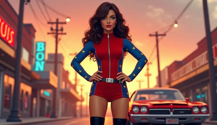 A hyper-realistic and cinematic illustration of a vintage 1974 superheroine with a fuller figure, dark brown wavy hair, and striking blue eyes. She wears a short red tunic with a zipper front, a silver belt, and a very short skirt, paired with blue star-pa...