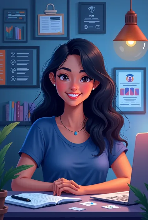 Create an artistic representation of a young woman in 2024, celebrating her journey of personal and professional growth. The setting includes a modern workspace with a laptop, books, certifications, and data visualizations, symbolizing achievements in acad...