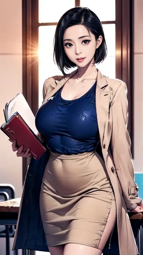 (best quality:2.0), (extremely detailed:2.0), (highly detailed:2.0),(Mami Nagasawa, a mathematics teacher at Himeki Girls’ Academy, wearing a fitted beige knit sweater paired with a dark blue pencil skirt and a light gray blazer, standing at the front of a...