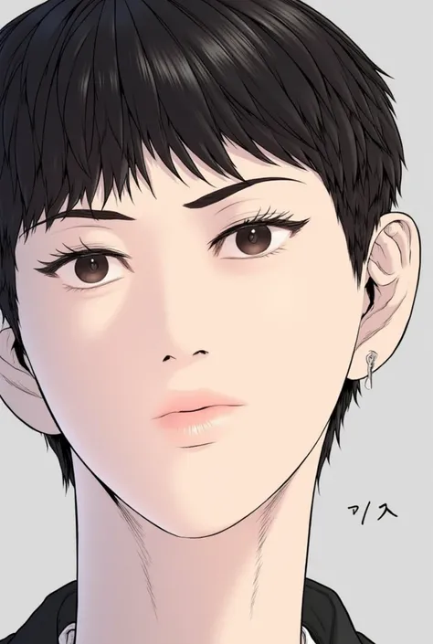 Juvenile Offender, Close-up portrait in Korean manhwa style, sharp clean lineart, semi-realistic anatomy with stylized features, pale beige skin tone #F5E6D3, soft gradient shading with light grey undertones, minimal shadow definition, high-end digital art...