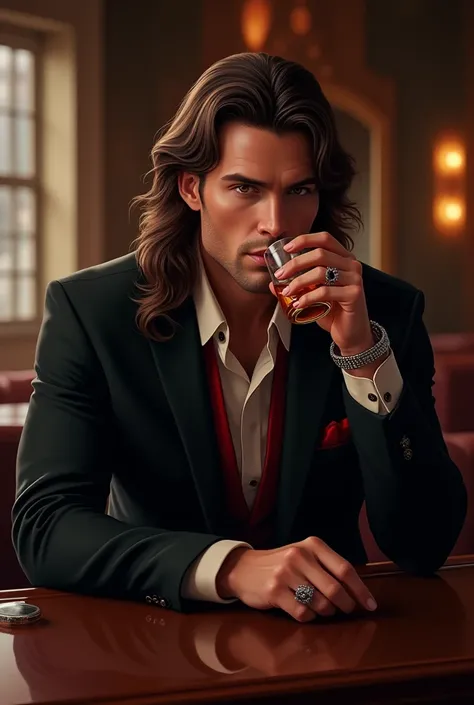  A handsome man,  muscular,  long wavy brown hair , Red Eyes,  In an elegant black and red suit and on the right hand on the middle finger,  a silver ring with a black stone ,  leaning casually at a stylistic bar , Drinking a whiskey . 
