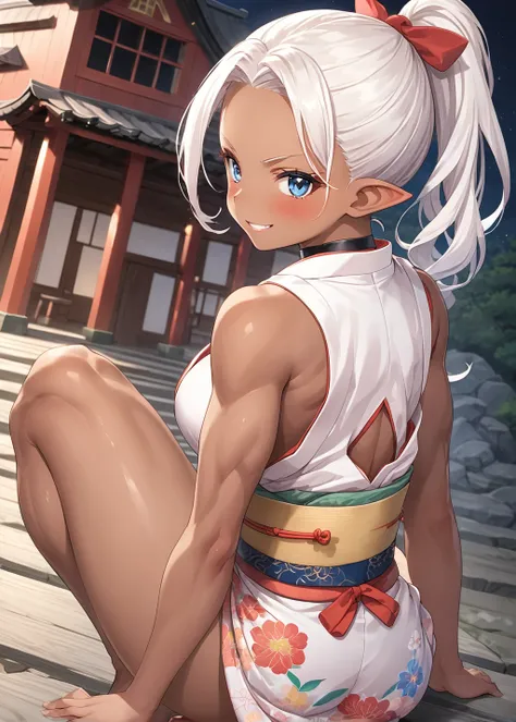 source_anime, best quality, masterpiece, (dark skin house wife:1.4), (white hair:1.3), loli, bare shoulders, sleeveless, cleavage, bare arms, looking at viewer, black hair ribbon, cleavage cutout, (kimono:1.3), (dark skin:1.3), choker, pointy ears, long ha...