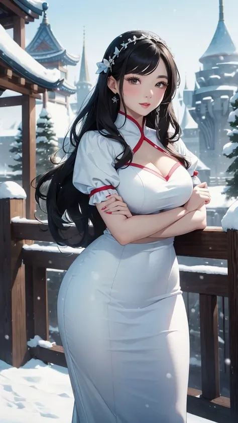 (An extremely young and cute Korean female, She has a slender and athletic body but is curvy and thick, Long flowing black hair with strands that frame her face, full pouty lips), (a 54" tall older sister, evening time, Naughty smile, Expressive light brow...