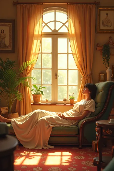 background, window with sunlight, cozy room, relaxed pose, realistic, intricate details, warm colors, by Greg Rutkowski, by Alphonse Mucha