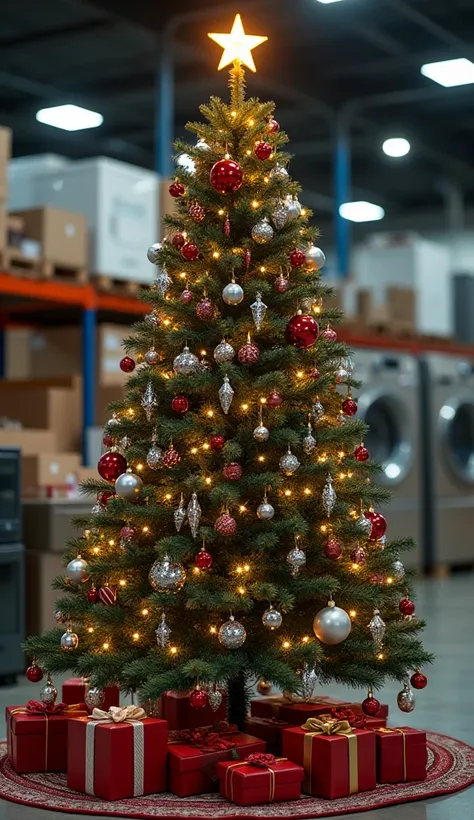  Christmas tree in a home appliance parts warehouse,  The tree is decorated with spare parts for repairing household appliances , bearings , washing machine crosses ,  holiday atmosphere ,  under the tree gifts on the rug ,  in the background spare parts f...