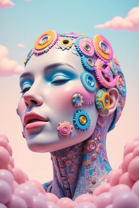 Driving with pastels, human head made of gears,front view, in rainbow color