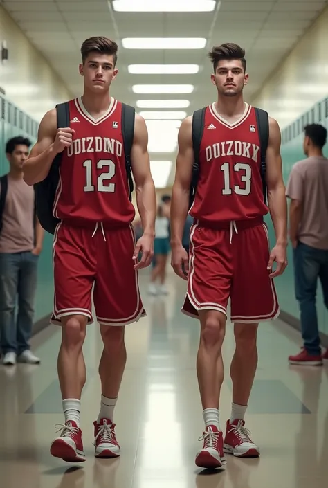 Two handsome young guy, highschool, wearing basket jersey, with bag, corridor school as background, full body, detailed hair, detailed face, detailed skin, ultra hd, highly detailed, realistic