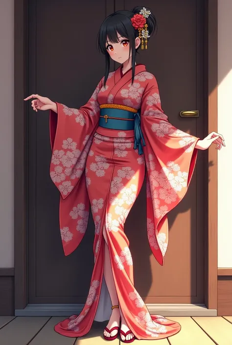 a woman in a kimono outfit is posing in front of a door, an anime drawing inspired by Nishikawa Sukenobu, pixiv, shin hanga, seductive anime girl, in a kimono, beautiful alluring anime woman, oppai, japanese goddess, range murata and artgerm, juri misaki, ...